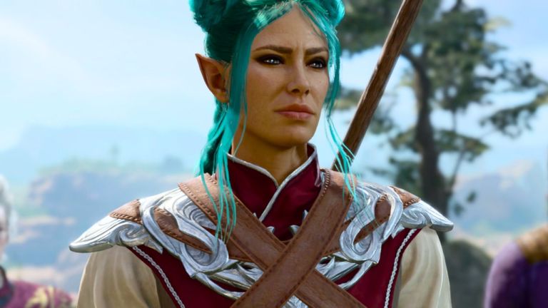 Woman with raised eyebrow wearing armor and staring ahead in BG3