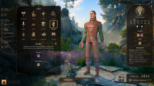 The Ranger class standing in the Baldur's Gate 3 character creator.