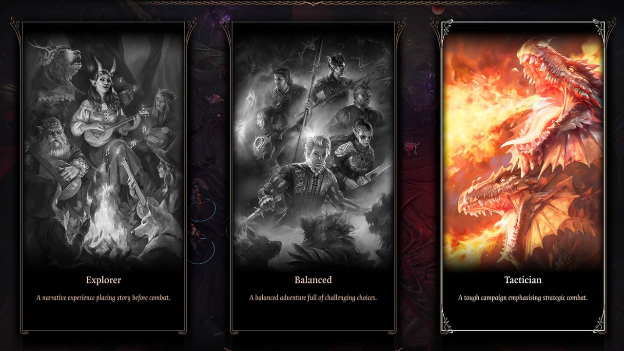 Three cards with pictures of the different difficulty levels in BG3