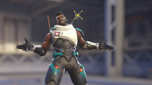 Baptiste emoting with his arms out wide in the Overwatch 2 menu.