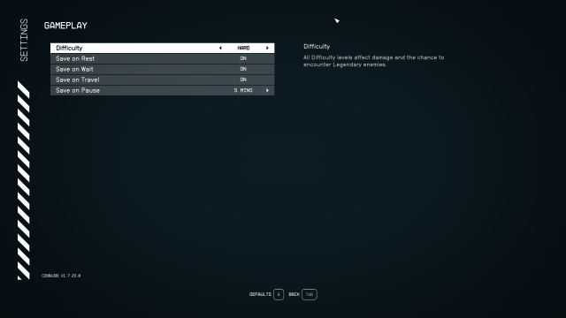 The difficulty menu in Starfield