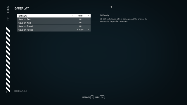 The difficulty menu in Starfield 