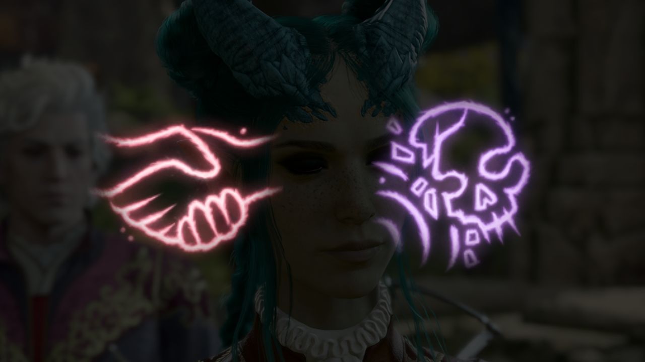 Two icons for spells for bards in BG3; a pinky symbol of two shaking hands and another image of a skull being broken by waves. These are interposed over a pale-skinned man and a blue-haired, blue-horned tiefling.