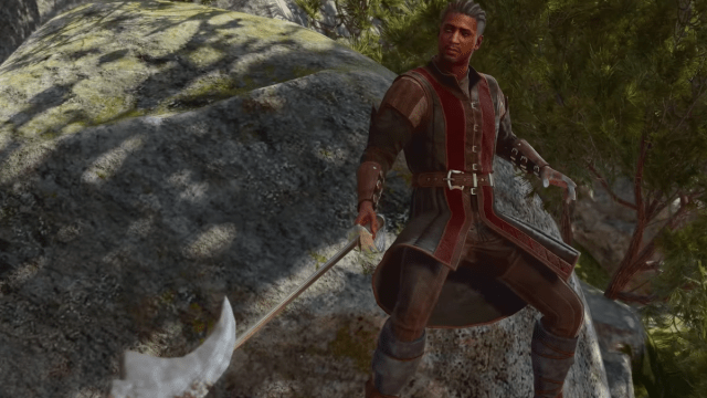 The human swordsman Wyll, wearing striped shirt and pants, lands on a rock with rapier in hand.