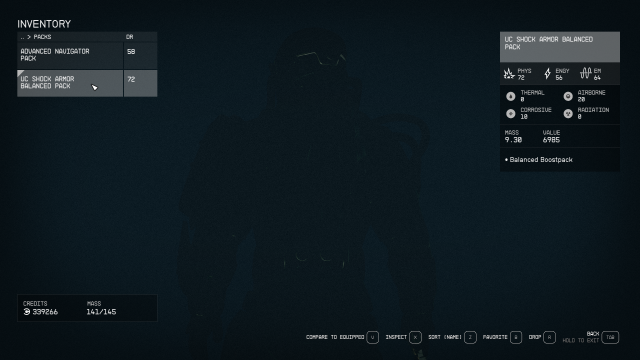 Image of the Starfield inventory screen, focused on the boost pack. The UC Shock Armor Balanced Pack is equipped.