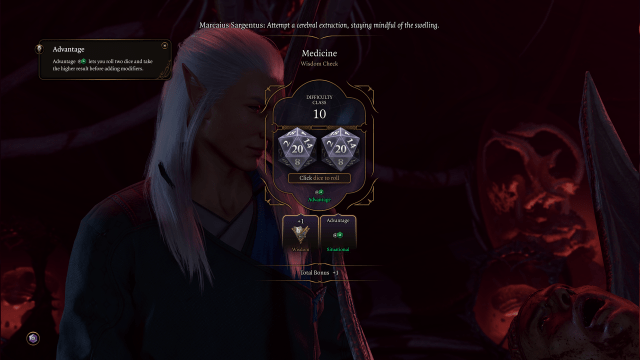 The Medicine Check screen in Baldur's Gate 3 shows two dice.