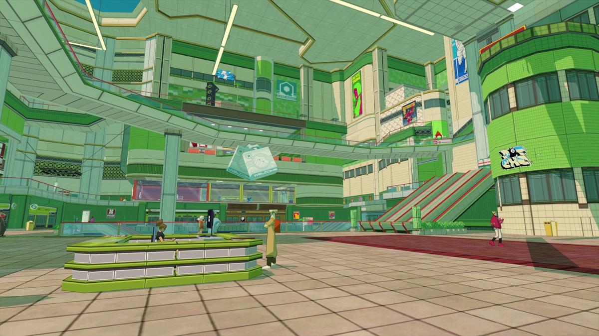 A still of the game Bomb Rush Cyberfunk, a green city block.