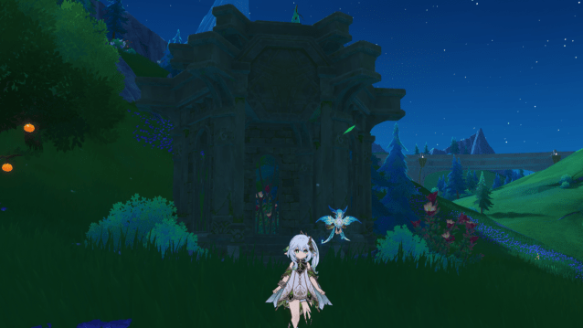 Nahida standing in front of a looted Shrine of Depths. 