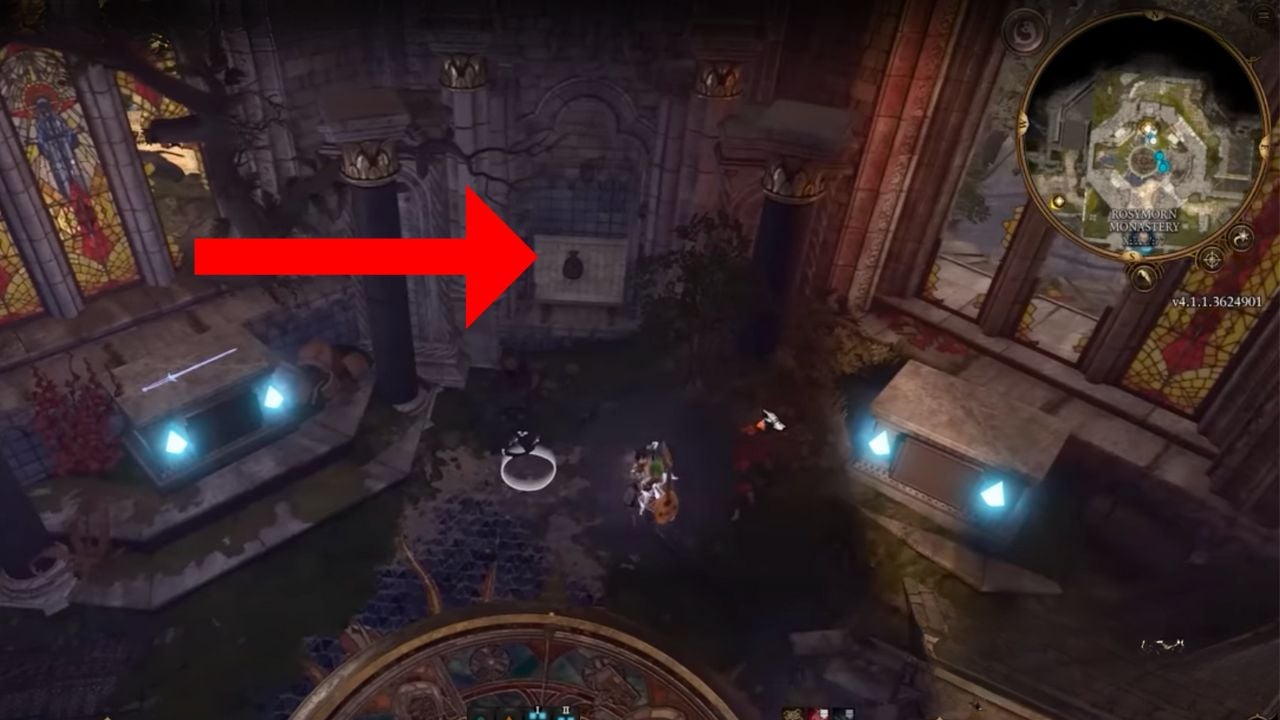 a red arrow pointing towards a pouch in a small compartment in a wall for the stained glass puzzle in baldurs gate 3.