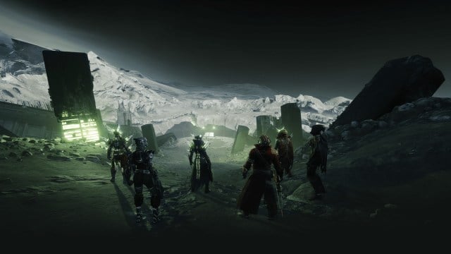 Six guardians prepare to descend into the Hellmouth to take on Crota on the Moon in Destiny 2.