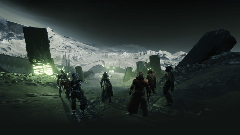 Six guardians prepare to descend into the Hellmouth to take on Crota on the Moon in Destiny 2.