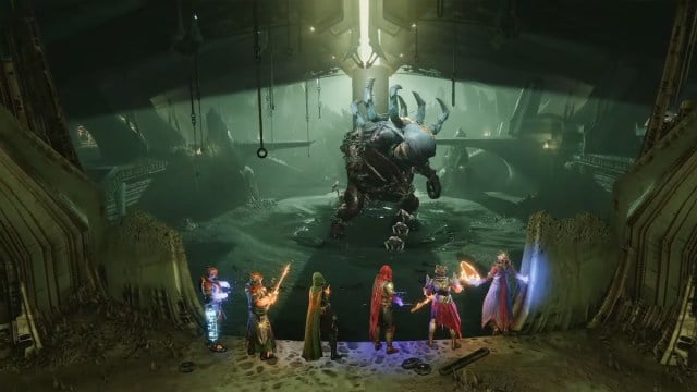 A fireteam of guardians pose with weapons, preparing to fight an ogre emerging from the ooze in Destiny 2.