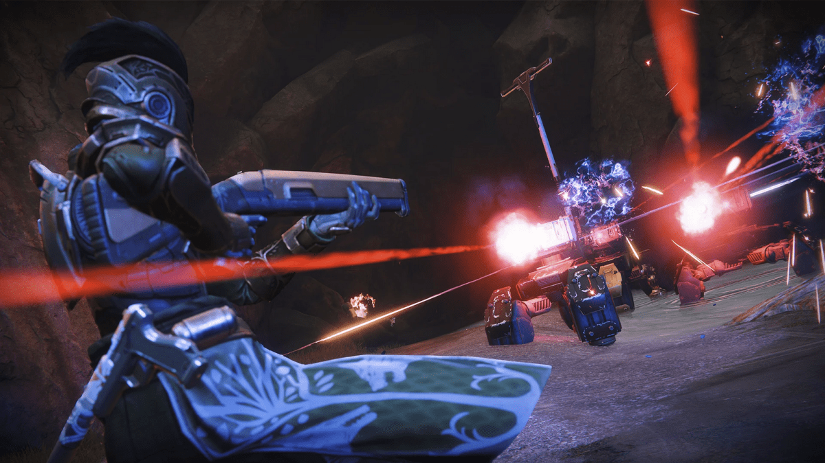 A Destiny 2 Titan faces down a Cabal turret in an Iron Banner gamemode.