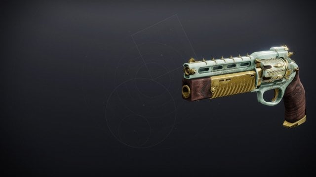 The Kept Confidence hand cannon in Destiny 2. It has a wooden grip, along with a very pale green body and gold filligree.
