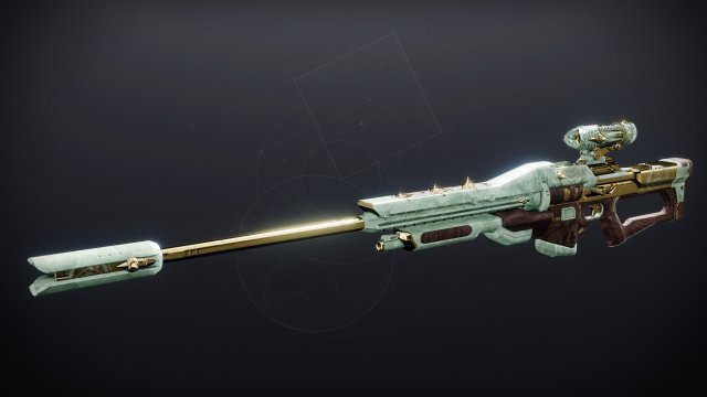The Locus Locutus sniper rifle from destiny 2. It has a pale and desaturated green body, with a golden grip and barrel.