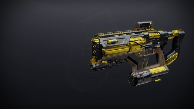 The Nox Perennial V fusion rifle in Destiny 2's weapon inspection screen. It is black and gold, with a box scope attached to the top of the rail.