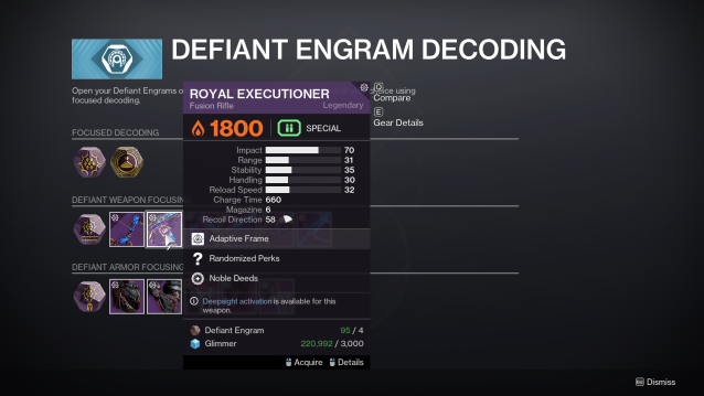 The Defiant Engram Decoding screen from Season of Defiance in Destiny 2. A number of weapons and armor pieces are displayed, and each has the option to be obtained by spending a Defiant Engram and Glimmer.