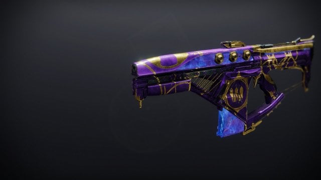The Royal Executioner fusion rifle from Destiny 2, shown in the weapon inspection screen. It has a purple and gold wrap on it, with a body built from a blue, crystalline material.