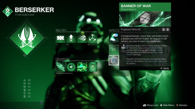 The subclass screen for the Titan Berserker Subclass in Destiny 2. The Banner of War Strand Aspect is highlighted, which allows Titans to heal allies and have increased damage while wielding a sword.