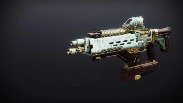 The Eremite fusion rifle from Destiny 2. The stock and grip have a wooden finish, while the barrel is a very pale green and the rail is a metallic gold.