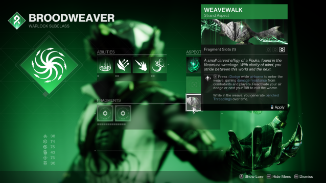 The subclass menu for the Warlock Broodweaver Subclass. The Weavewalk Strand Aspect is highlighted, which allows Warlocks to gain damage resistance after dodging while airborne.