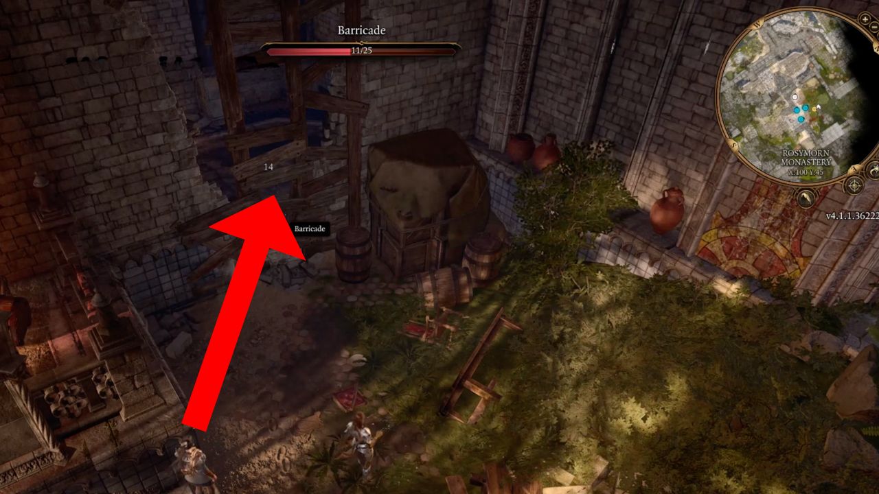 Red arrow pointing to a barricade in Rosymorn Monastery in BG3