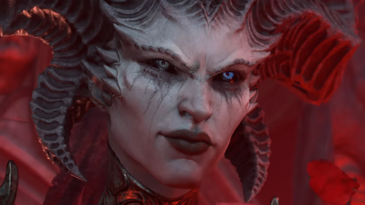 Lillith, a demonic figure from Diablo 4, looking menacing in red and grey light.