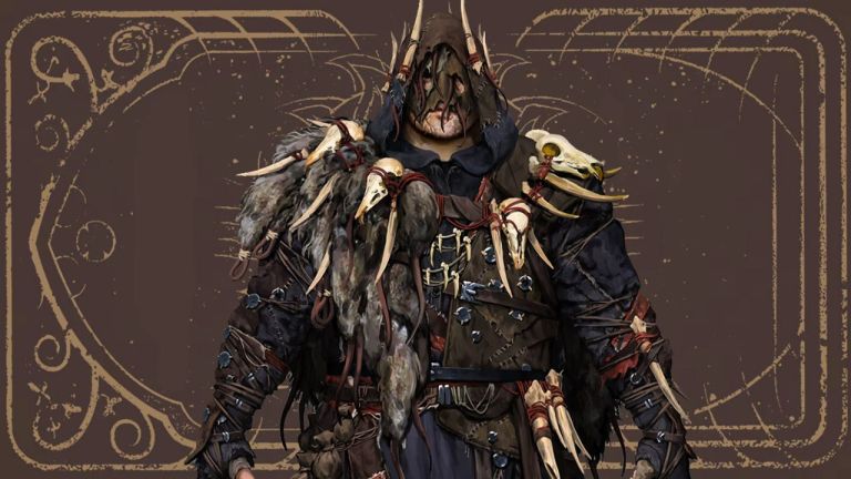 man wearing fur armor with teeth necklaces and a hood in Diablo