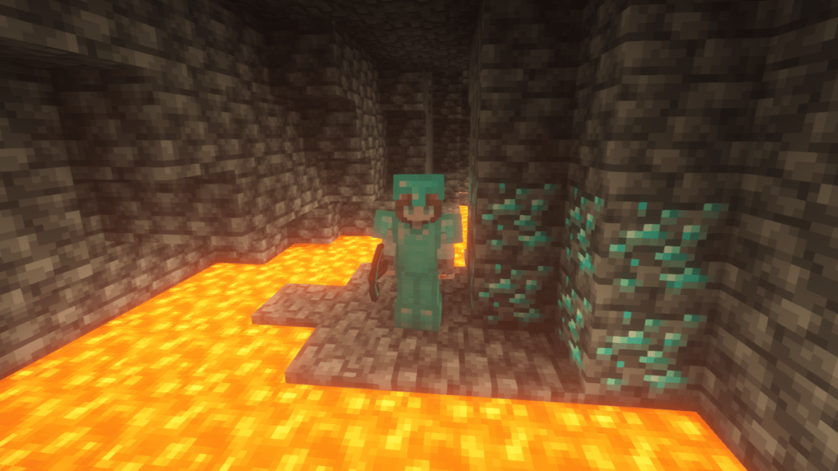 A player standing next to a diamond vein surrounded by lava.