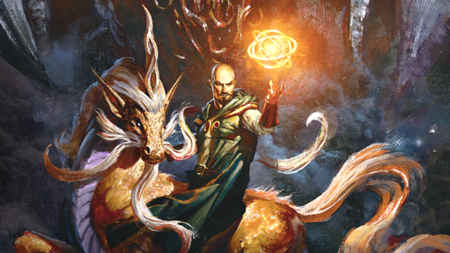 The D&D 5E spellcaster Mordenkainen sits on top of a horse-like creature while a demon lurks in the background.