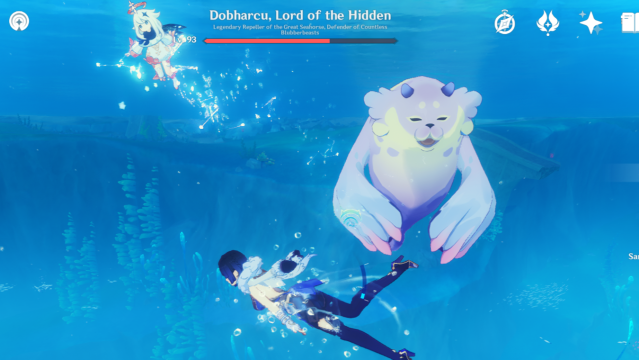 Yelan fighting Dobharcu underwater and Paimon floating above them.