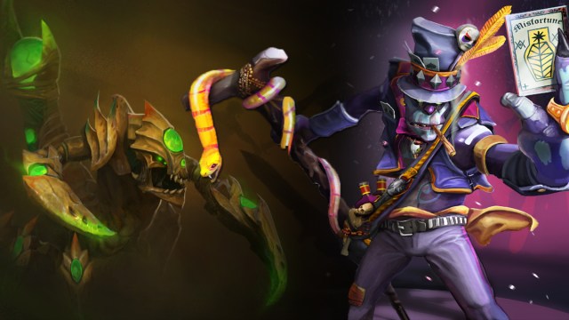 Sand King, a scorpion-like figure with a green tail, and Witch Doctor, a shaman holding a staff with a yellow snake and wearing a top hat, face off in Dota 2.