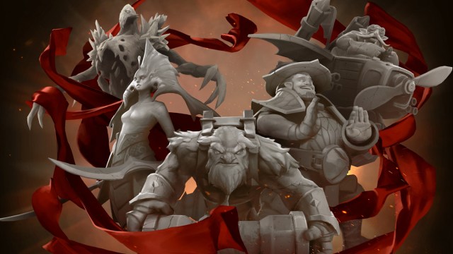 A selection of Dota 2 heroes—Ancient Apparition, Naga Siren, Earthshaker, Storm Spirit, and Gyrocopter—immortalised in stone with a red ribbon around them.