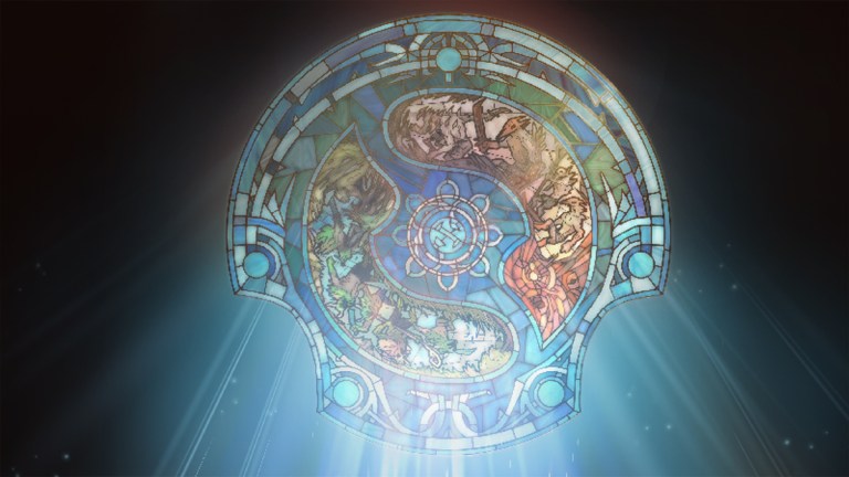 Dota 2's Aegis of Champions, in a stainedglass style, part of TI12's launch announcement.