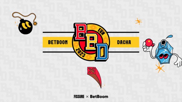 The logo for the BetBoom Dacha 2023, a Dota 2 tournament, featuring caricatures of a bomb and a Bottle from Dota.