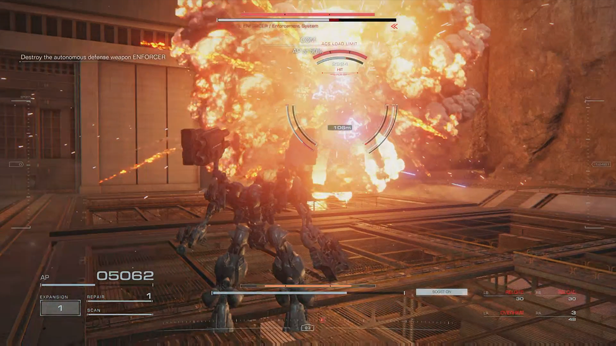 A massive explosion hits a giant mech in Armored Core 6.