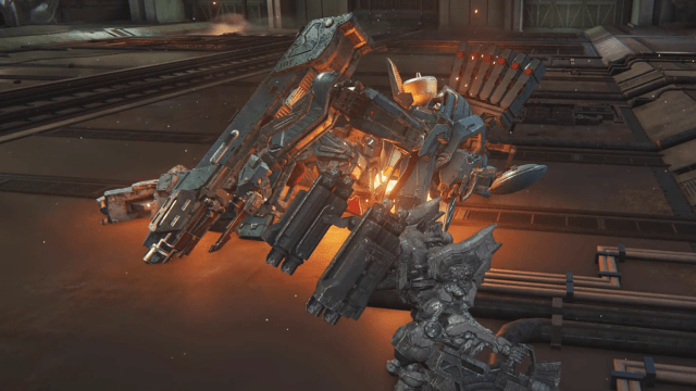 The wreck of a huge mech in Armored Core 6.