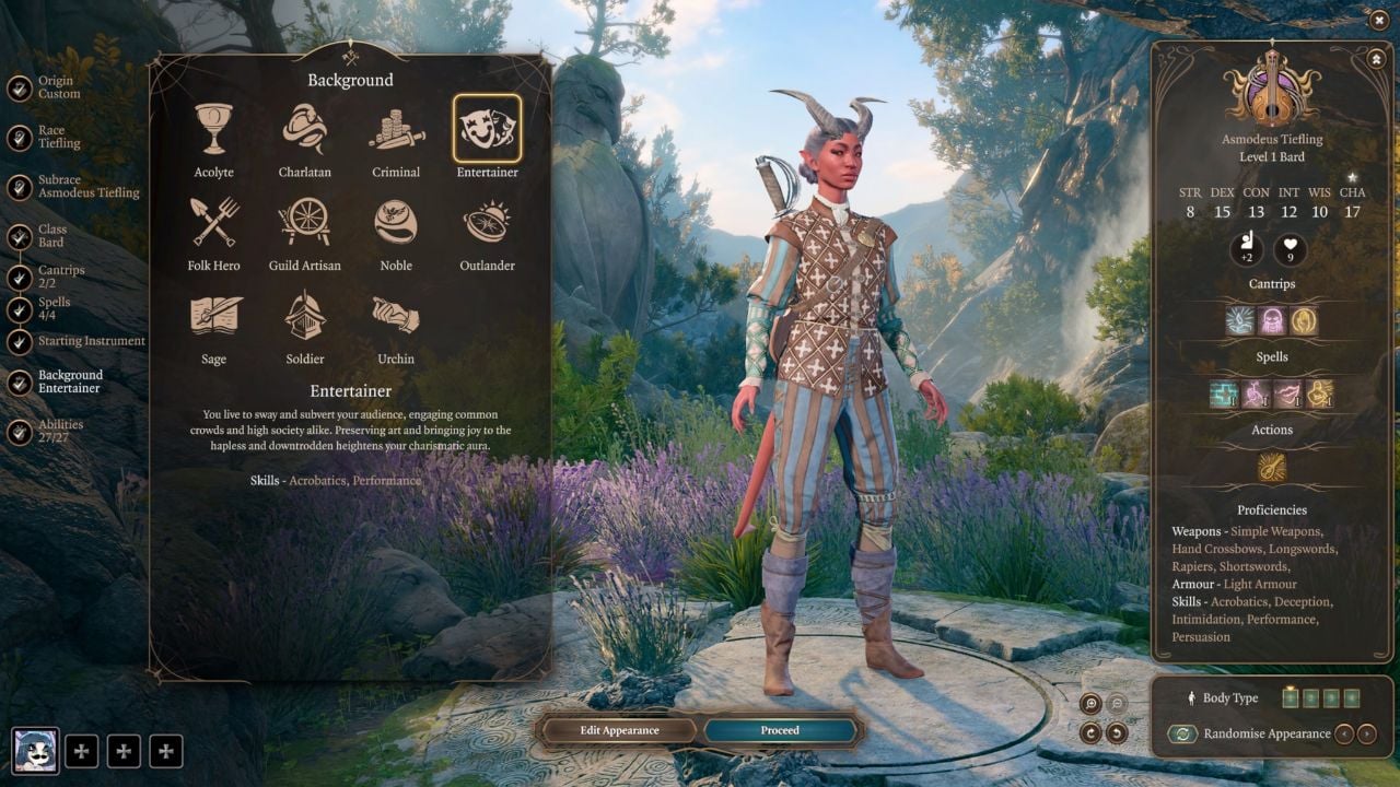 Character creation screen showing backgrounds for Bards in BG3.