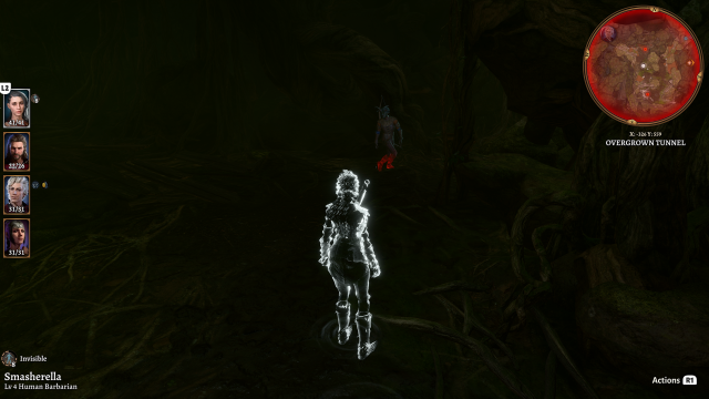 An invisible adventurer stands in front of an enemy.