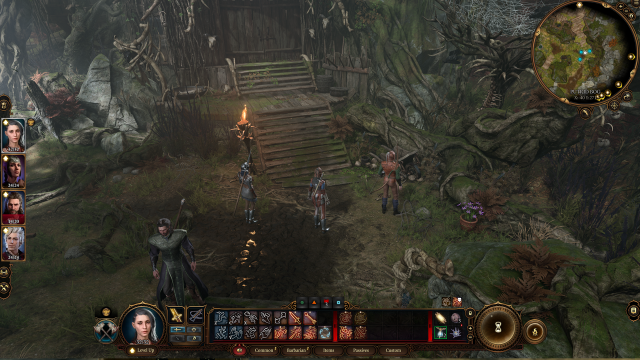 A group of adventurers stand outside of a creepy cabin.
