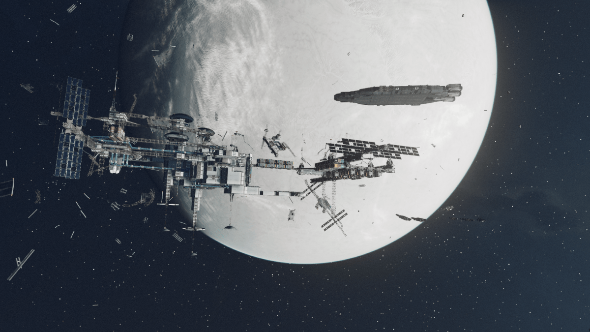 Image of a tattered space station being overlooked by a larger space craft, on the backdrop of a white planet.