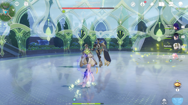 Kokomi fighting in the Icewind Suite battle.