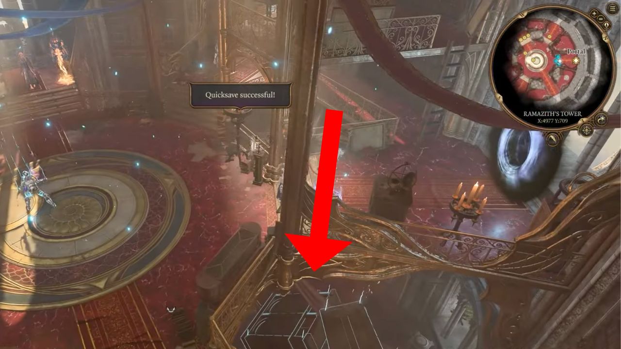 Red arrow pointing to glowing furniture to jump down in tower in BG3