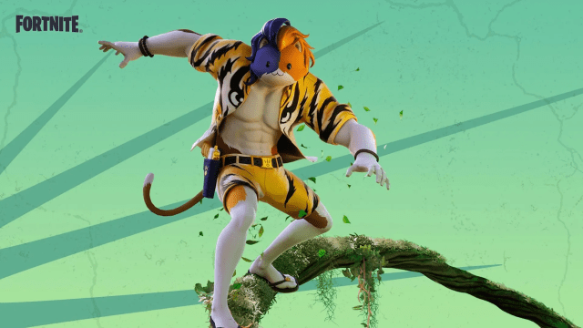 Fortnite Cosmetic on a tree wearing tiger shirt, pants and flip flops.