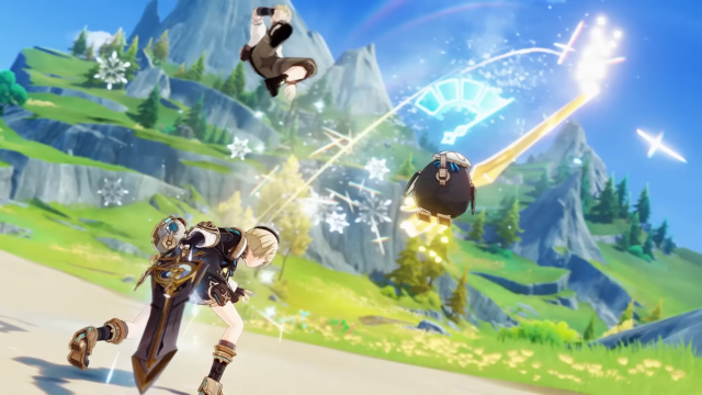 Freminet striking an enemy with Cryo damage and his mechanical penguin friend.