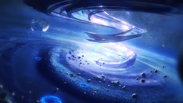 A swirling purple galaxy in space.