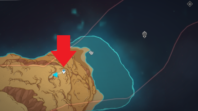 An arrow pointing at the teleport waypoint at the very top of the desert region of Sumeru.