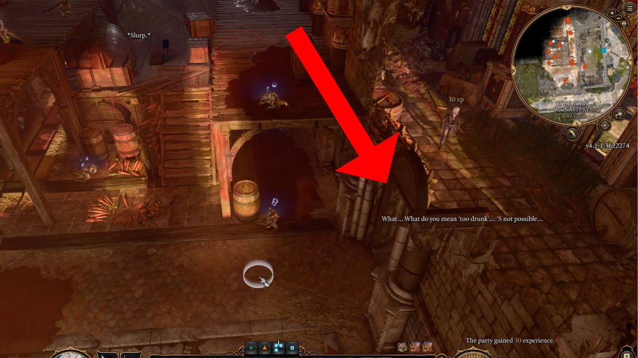 Arrow pointing to the rosymorn monastery door entry in bg3