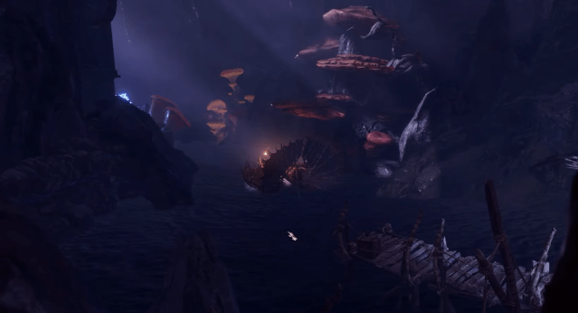 Image of a boat shrouded in darkness, leaving the underground caverns.