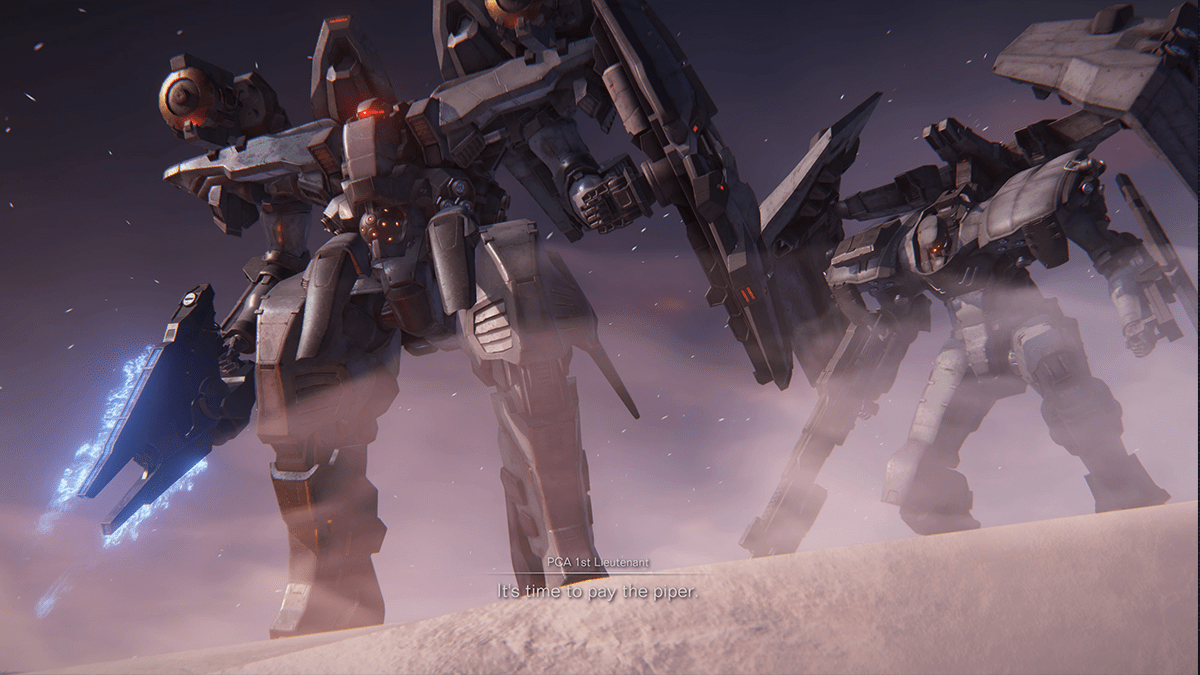 Two mechs stand atop a snowy cliff in Armored Core 6.